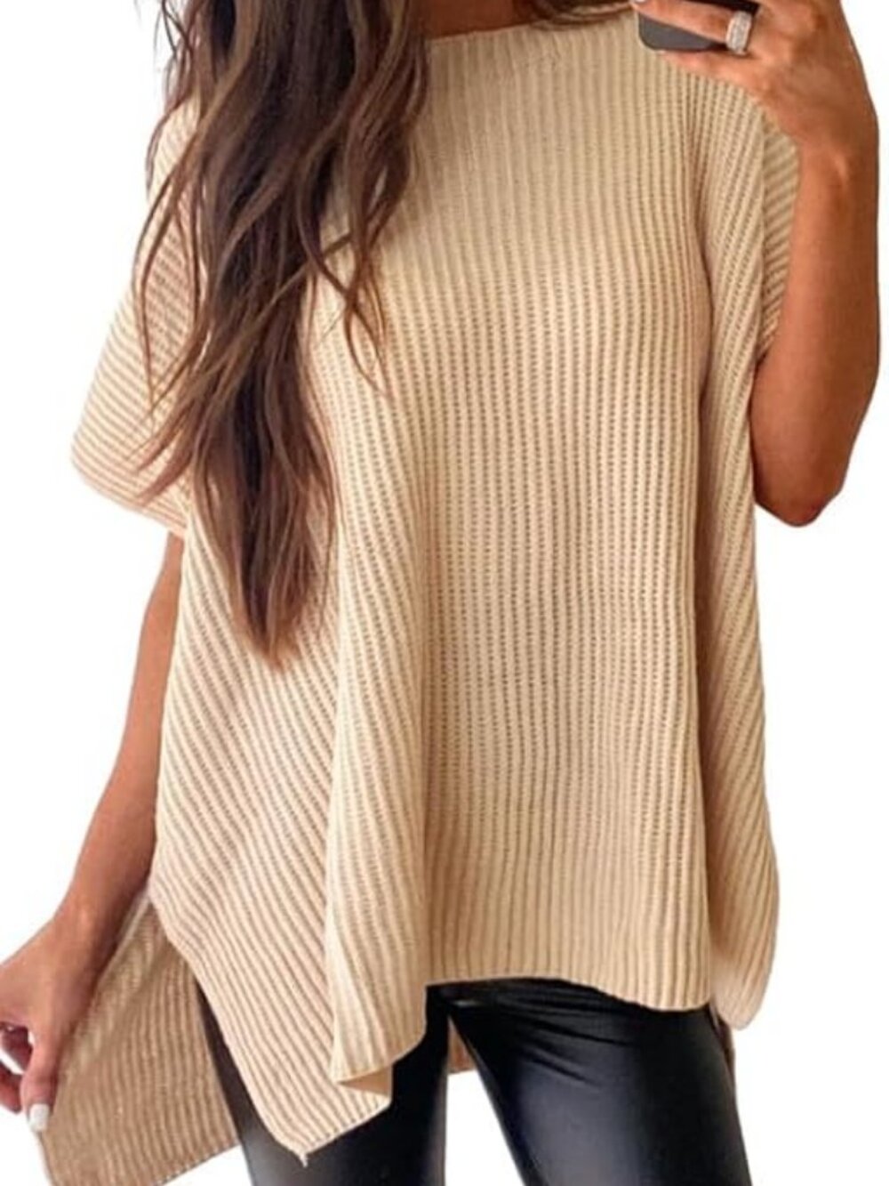 Women's Apricot Crewneck Short Sleeve Sweater Causal Tunic Lightweight Tops